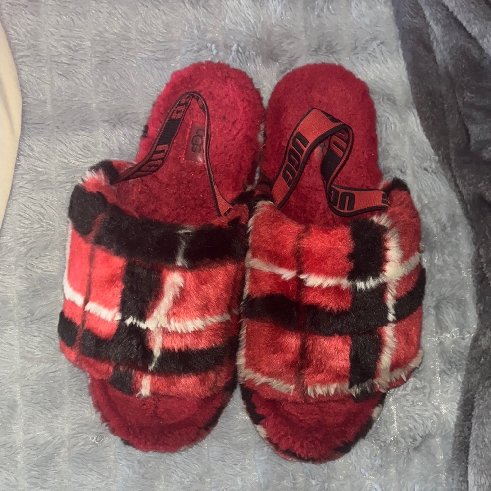 UGG Red Plaid Fuzzy Slippers